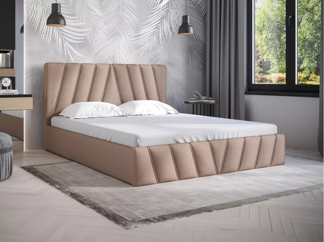 Lit coffre 160 x 200 cm - Velours - Beige + Matelas - LIDAMA de Pascal Morabito