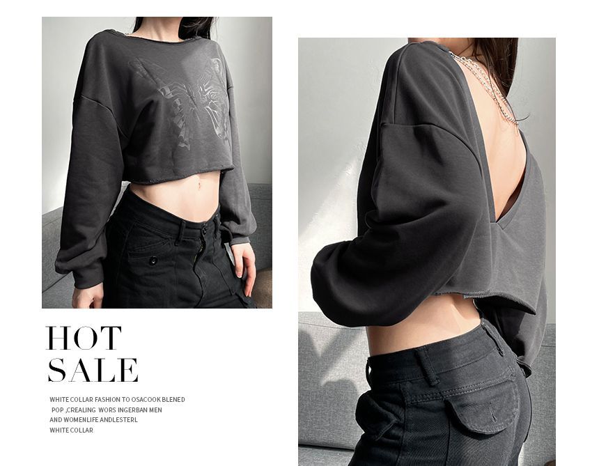 GAGAO - Ronde hals vlinderprint open rug cropped sweatshirt