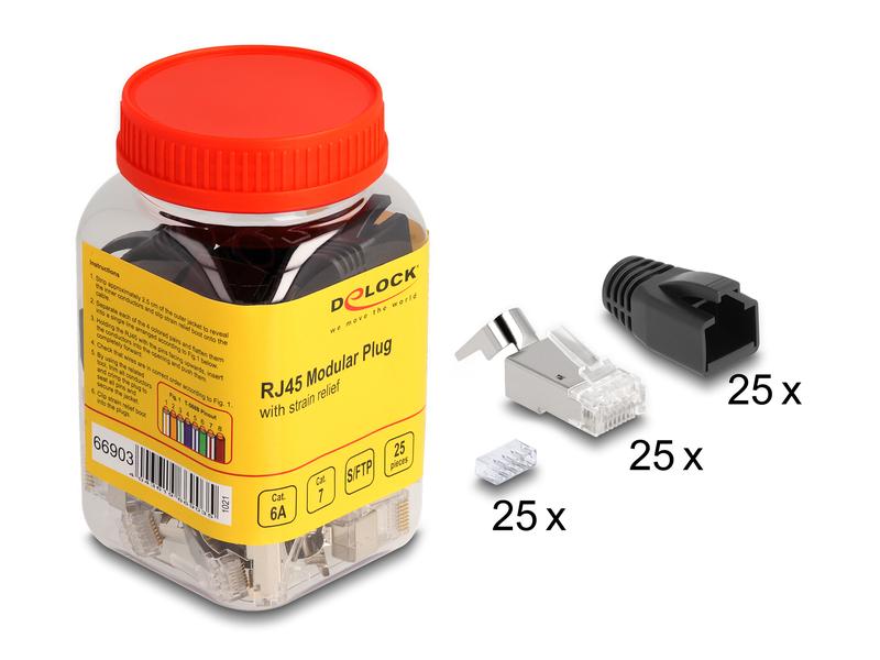Delock Stecker RJ45, S/FTP, Cat.6A/7 25 Stück, Transparent Delock RJ45 Modularer Stecker mit Zugentlastung Cat.6A, Cat.7 und Knickschutztülle 25er Set