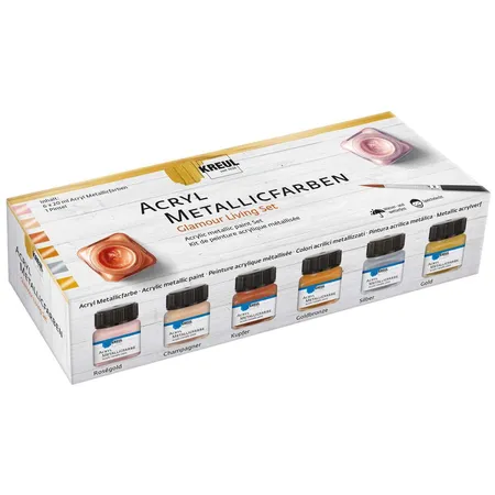 KREUL Acryl Metallicfarben Set Glamour Living, 6 x 20 ml im Glas und Pinsel