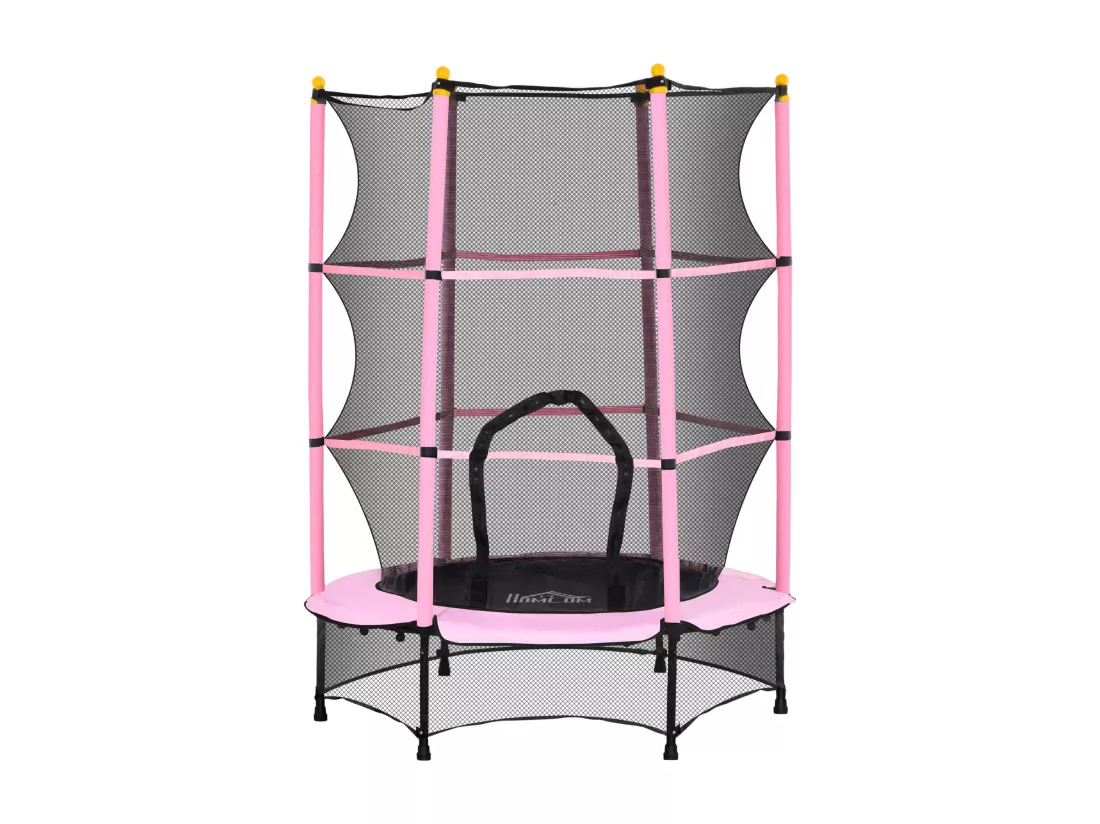 Trampoline de jardin enfants Ø 1,40 x 1,90H m filet de sécurité porte zipée couvre-ressorts + 6 poteaux rembourrés inclus rose