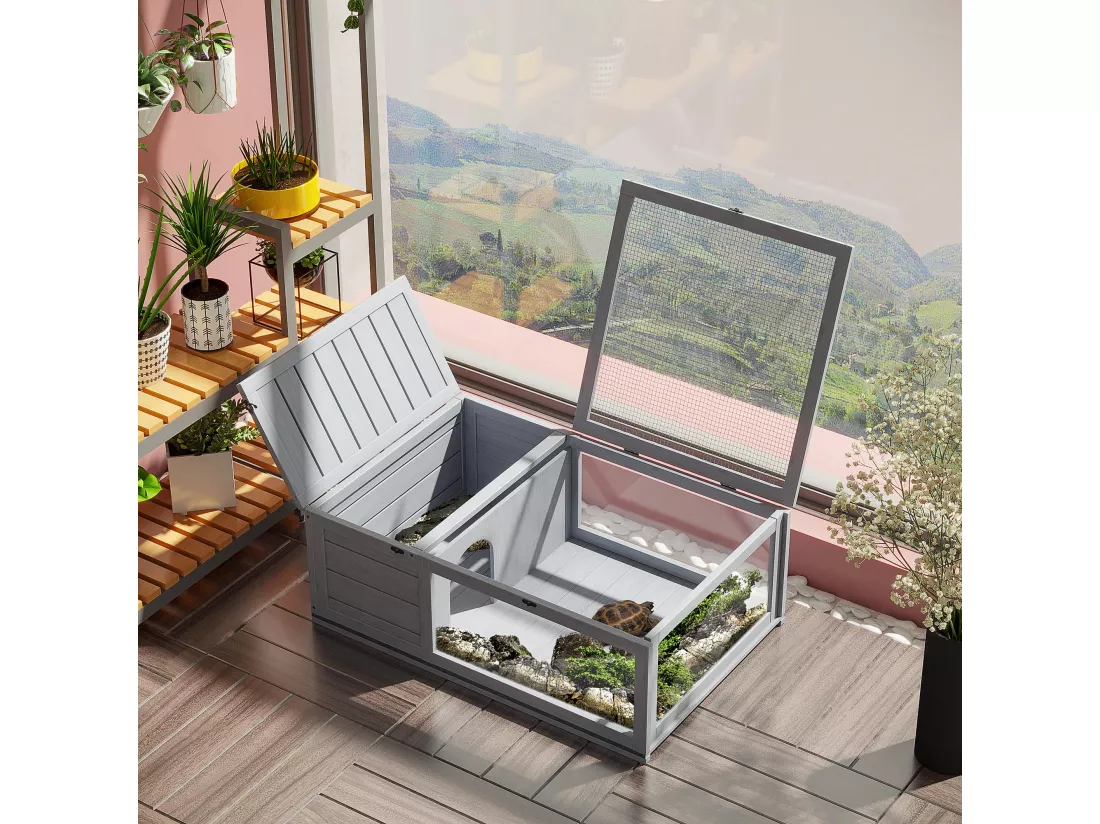 Enclos pour tortue - parc pour tortue - niche, enclos extérieur, toits ouvrants verrouillables - plexiglas métal sapin gris