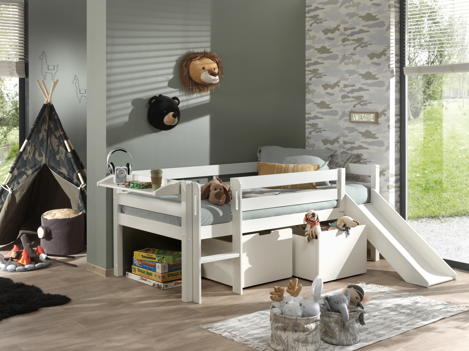Kojen-Spielbett - weiß - Schubkästen - Regal - Rutsche - 90x200 cm