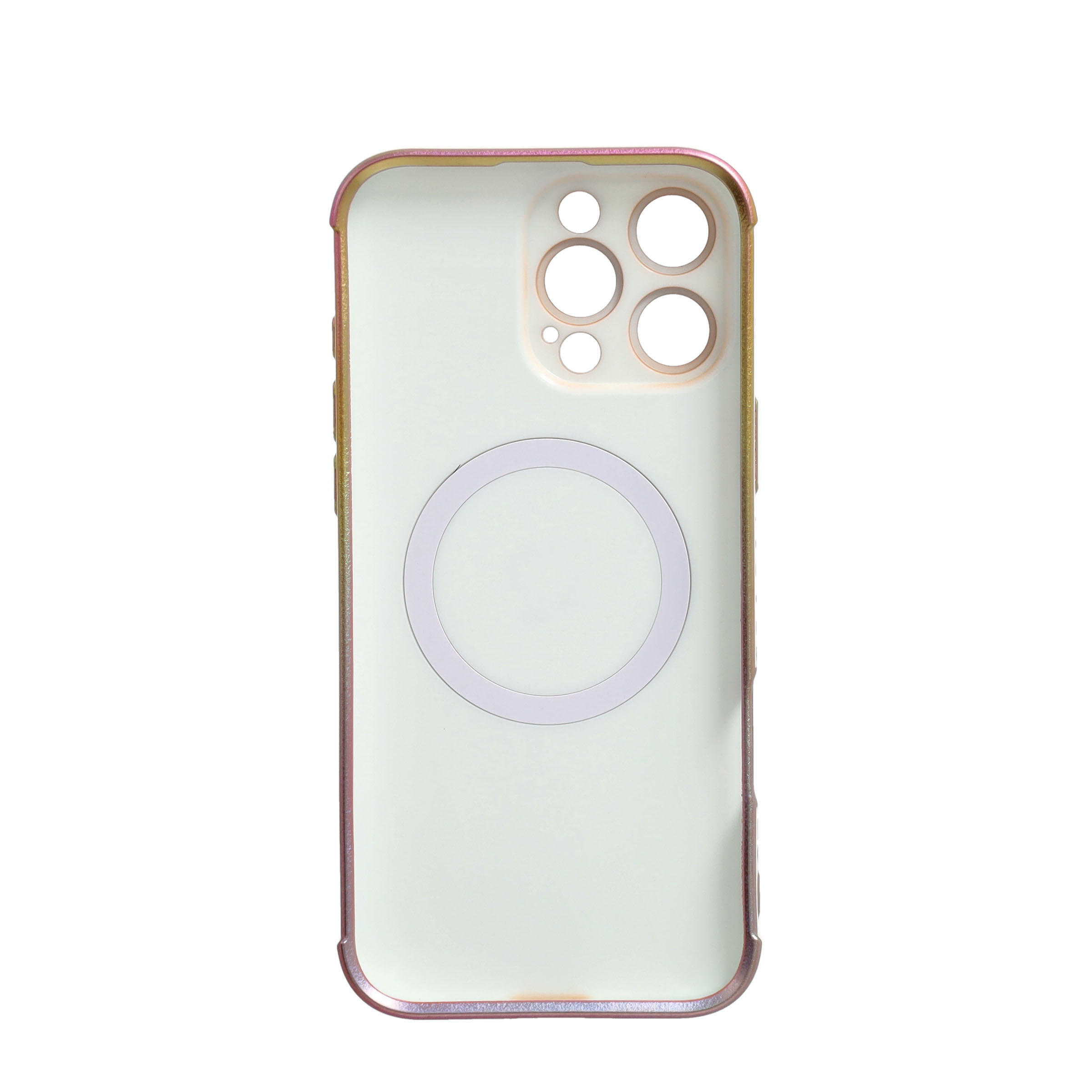 iPhone 16 Pro Max MagSafe Gummi Case Hülle Galvanisierter Rahmen Farbverlauf   Kameraglasschutz - Weiss / Gold