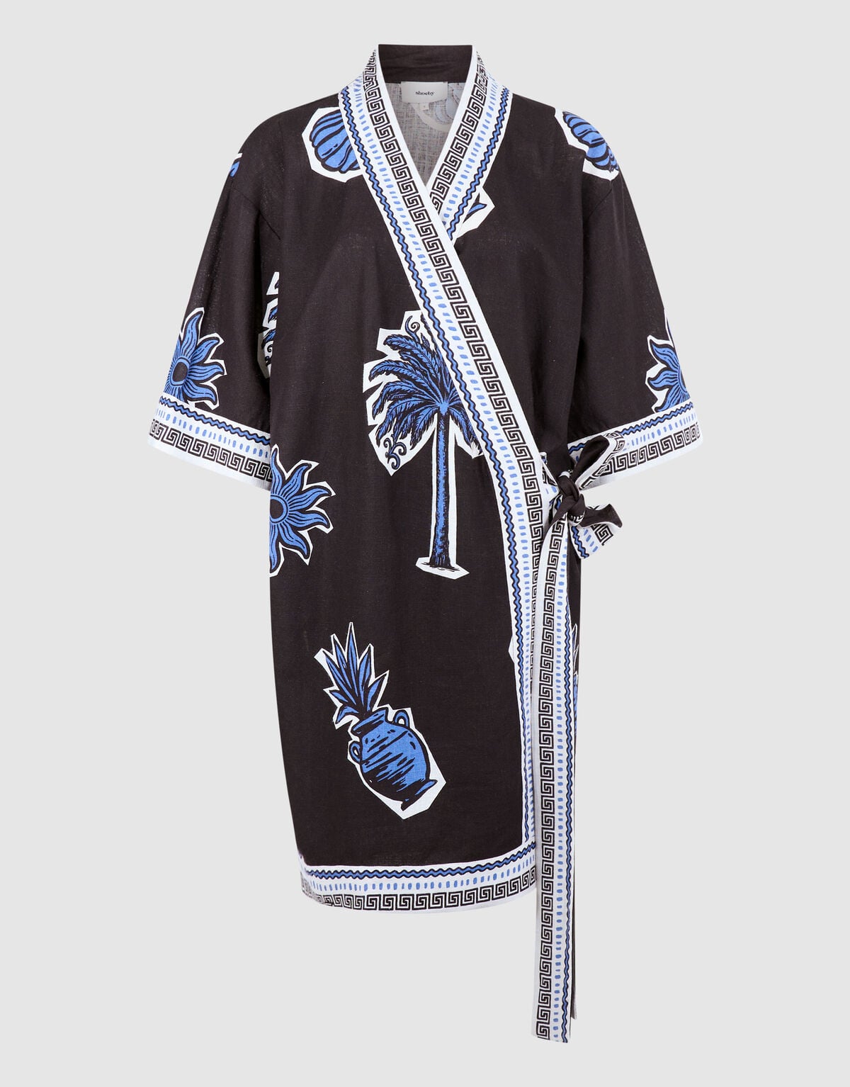 Palm Print Kimono Mini Jurk Bruin
