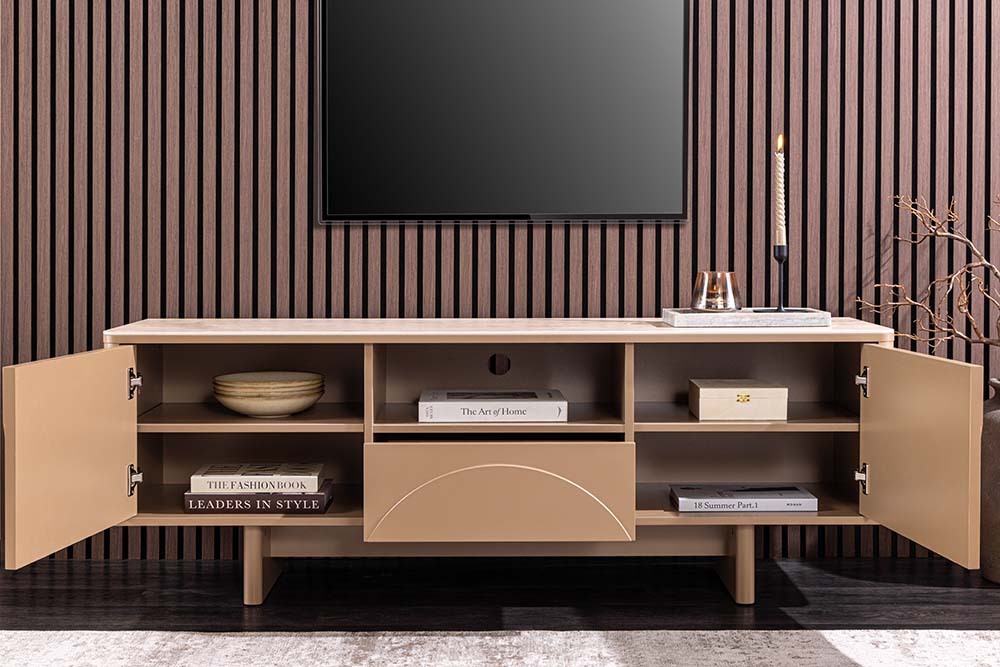 Design TV Board SAVOY 150cm grau beige greige Travertin Keramik mit Schublade 3D-Front
