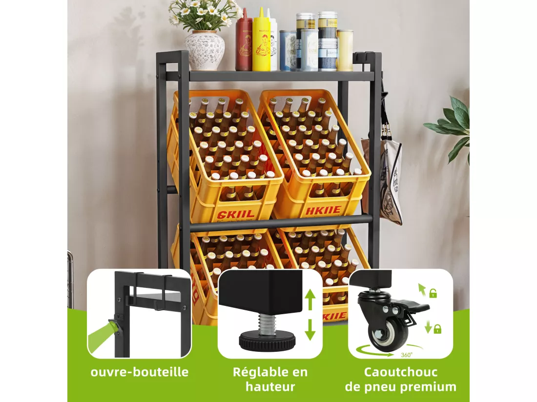 Support pour 6 caisses de Bouteilles YITAHOME - avec Roulettes - Noir - Étagère de Bouteilles - 75 x 90 x 32 cm