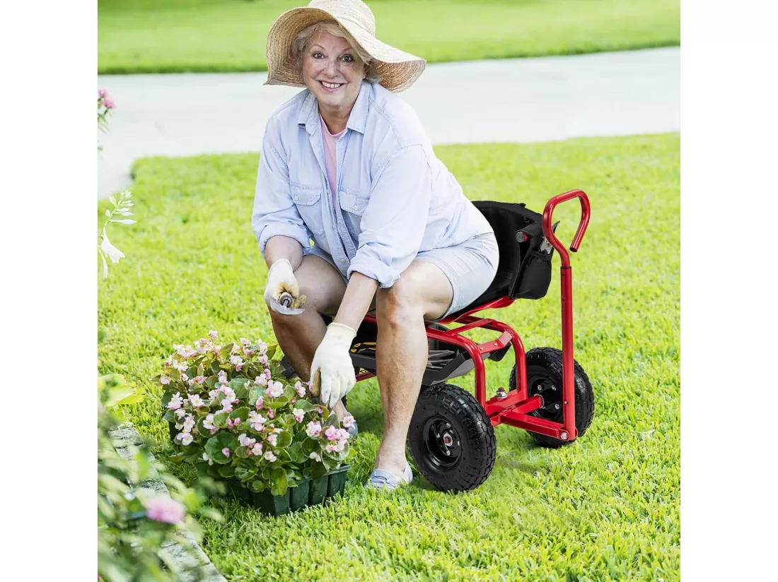 Siège de Jardin Roulant pour Travail avec Poignée Extensible, Chariot Jardinage avec Siège Pivotant à 360° Plateau Panier de Rangement Coussin Charge 135KG, pour Pelouse Atelier