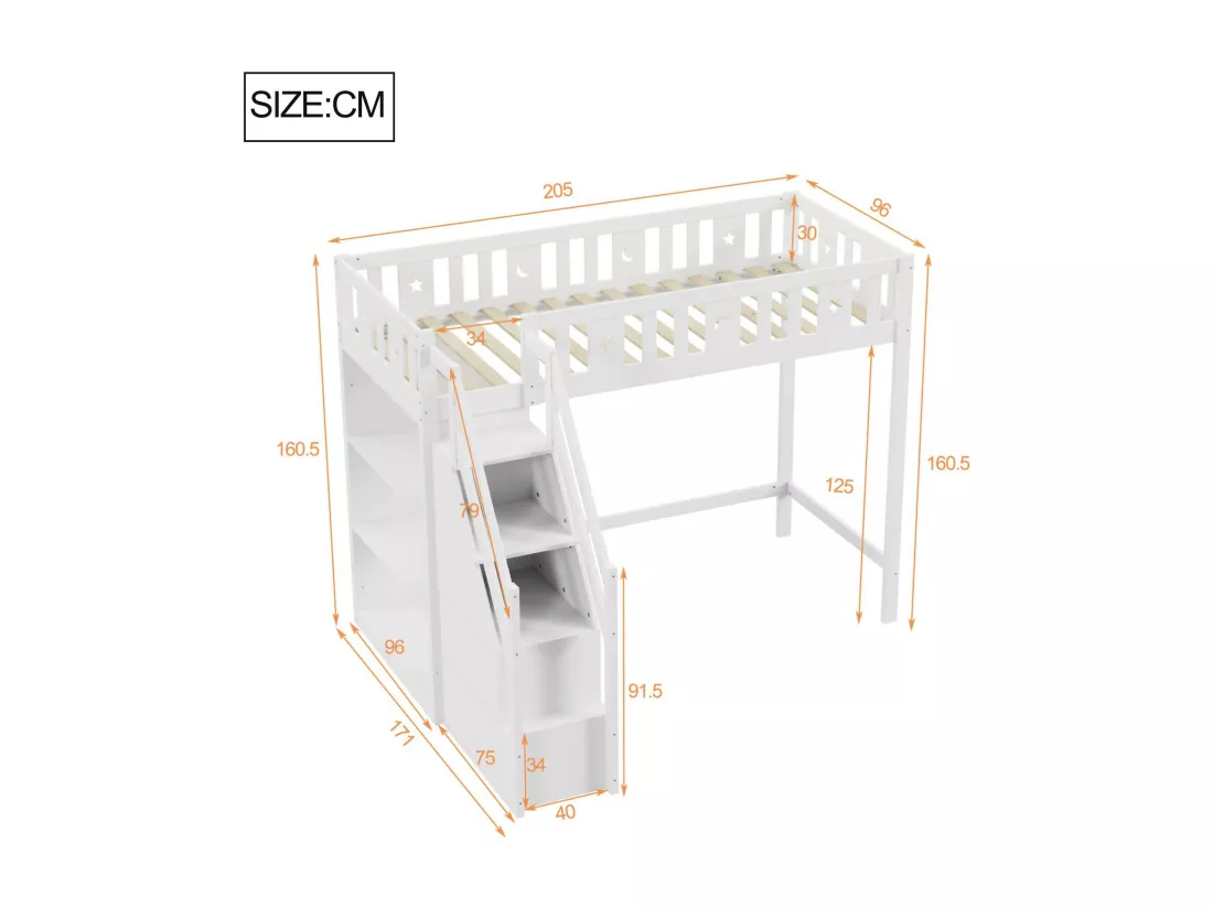Lit mezzanine 90x200 cm - avec étagères et échelle de rangement - en bois massif - Blanc