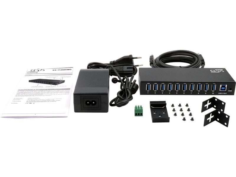 Exsys USB-Hub EX-11290HMS 10-Port USB 3.2 Gen 1 Metall HUB für Tisch, Wand und DIN-Rail, 15KV ESD Schutz
