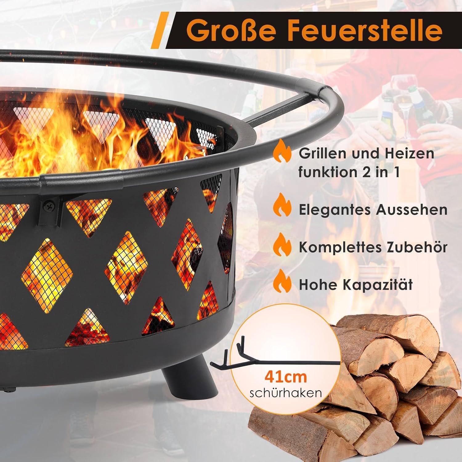 TLSUNNY Feuerschale mit Drehbarem Grillrost, Feuerschale Groß, Feuerschalen für den Garten mit Funkenschutz, Ø 76 cm Feuerkorb mit Schürhaken, BBQ Feuerstelle Outdoor, Multifunktional Fire Pit