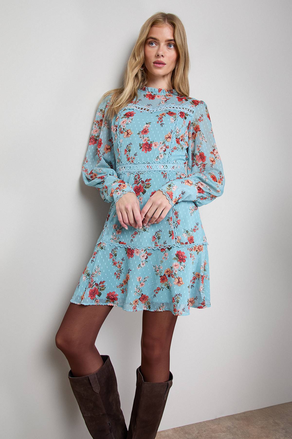 Oasis Robe Mini Évasée à Manches Longues avec Bordure en Dentelle Imprimée