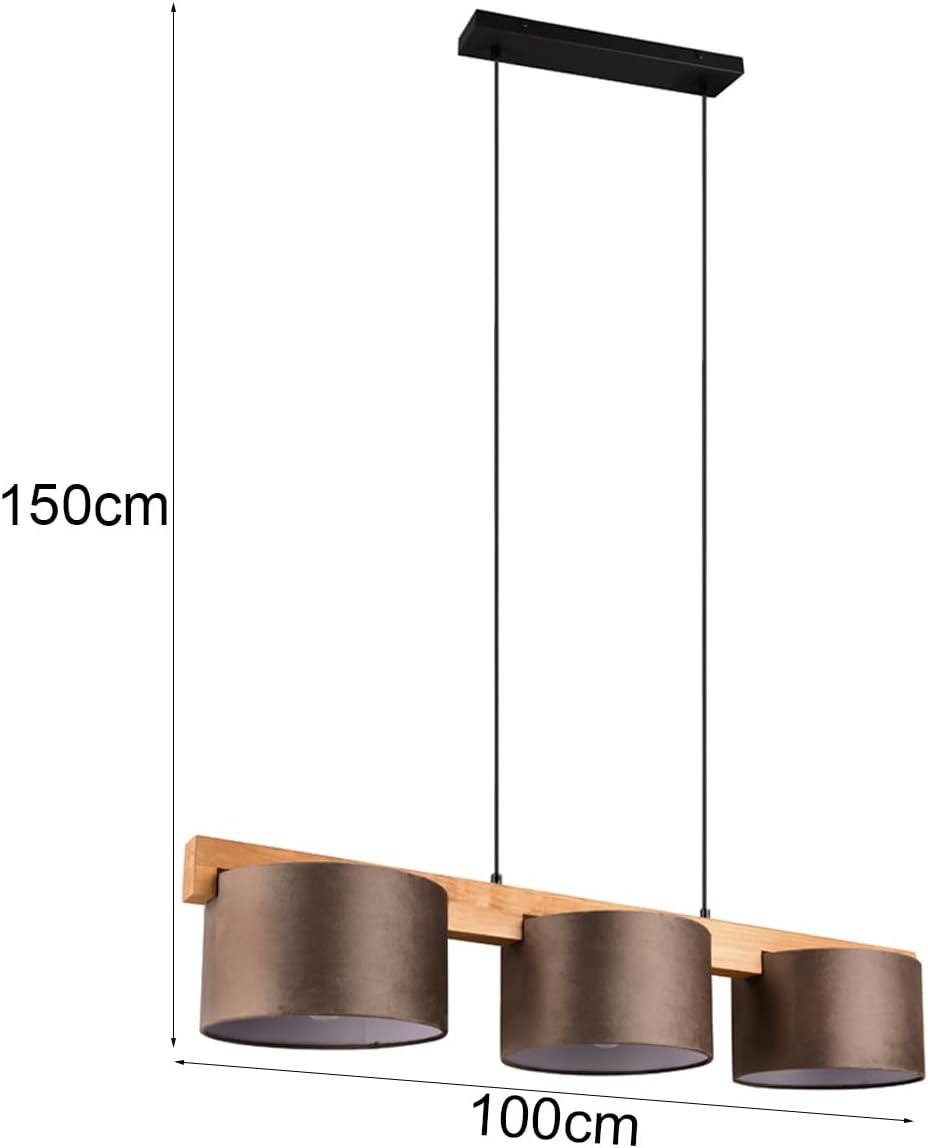 meineWunschleuchte Holzbalken Pendelleuchte 3 flammig mit Samt Lampenschirmen in Braun, Breite 100cm