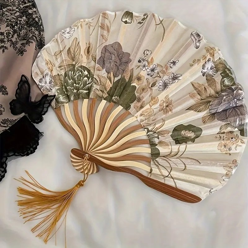Bambus Fächer Faltbarer Handfächer Sommer Fan mit Quasten Anhänger Blumen - Beige