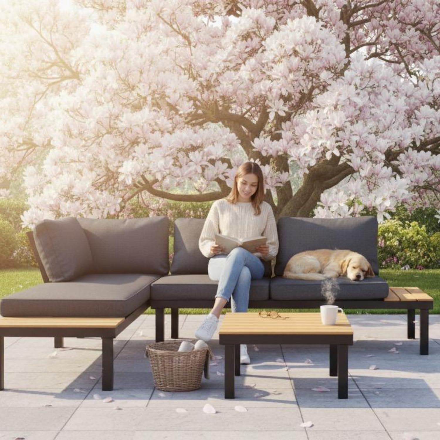 Gartenmöbel Lounge Set Noja, Eukalyptusholz, Aluminium, Naturfarben, mit Tisch und Kissen | Sitzecke aus Holz und Aluminium | Möbel wetterfest für Balkon, Garten, Terrasse