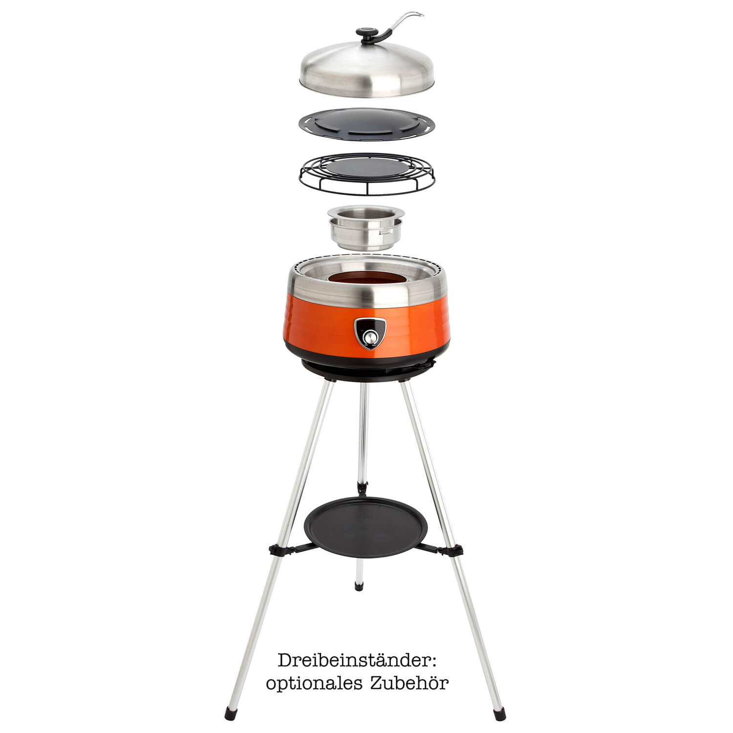 Leichter Aluminiumgrill Ø 38 cm mit Transporttasche: Vulcano - der multifunktionale Holzkohlegrill inkl. 2 Grillaufsätzen + Hitzeschutzlifter