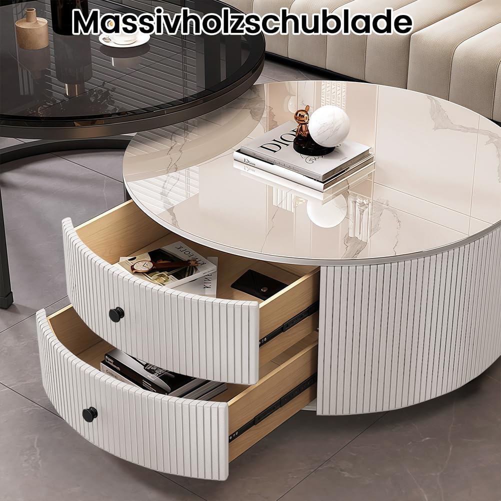 2 Stücke Beistelltisch Set Rund, Couchtisch mit 2 Schubladen, Kaffeetisch mit Tischplatte aus Marmor Steinplatte und Gehärtetem Glas Für Schlafzimmer Wohnzimmer Balkon Büro,Weiß rund