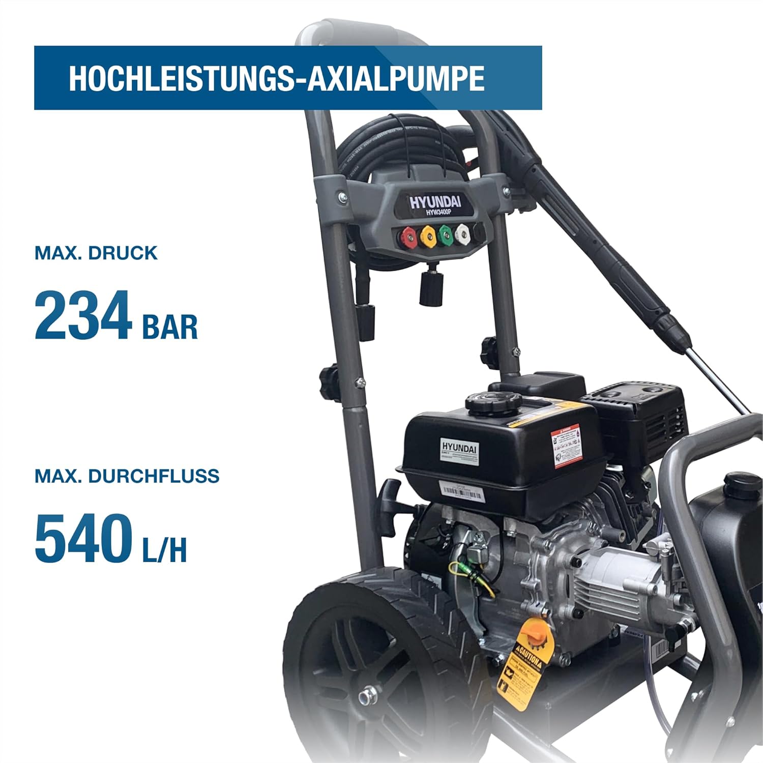 HYUNDAI Benzin-Hochdruckreiniger HYW3400P | max. 234 bar - 540 l/h (9 m³/min) | 3.7 kW / 5.0 PS Benzinmotor | verstärkter 10m Schlauch, 5 Düsenaufsätze | 5 L Reinigungsmitteltank
