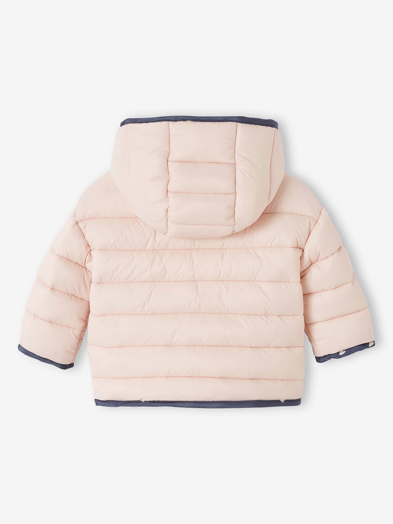 Casaco reversível acolchoado para bebê, roxo médio, liso com estampas.