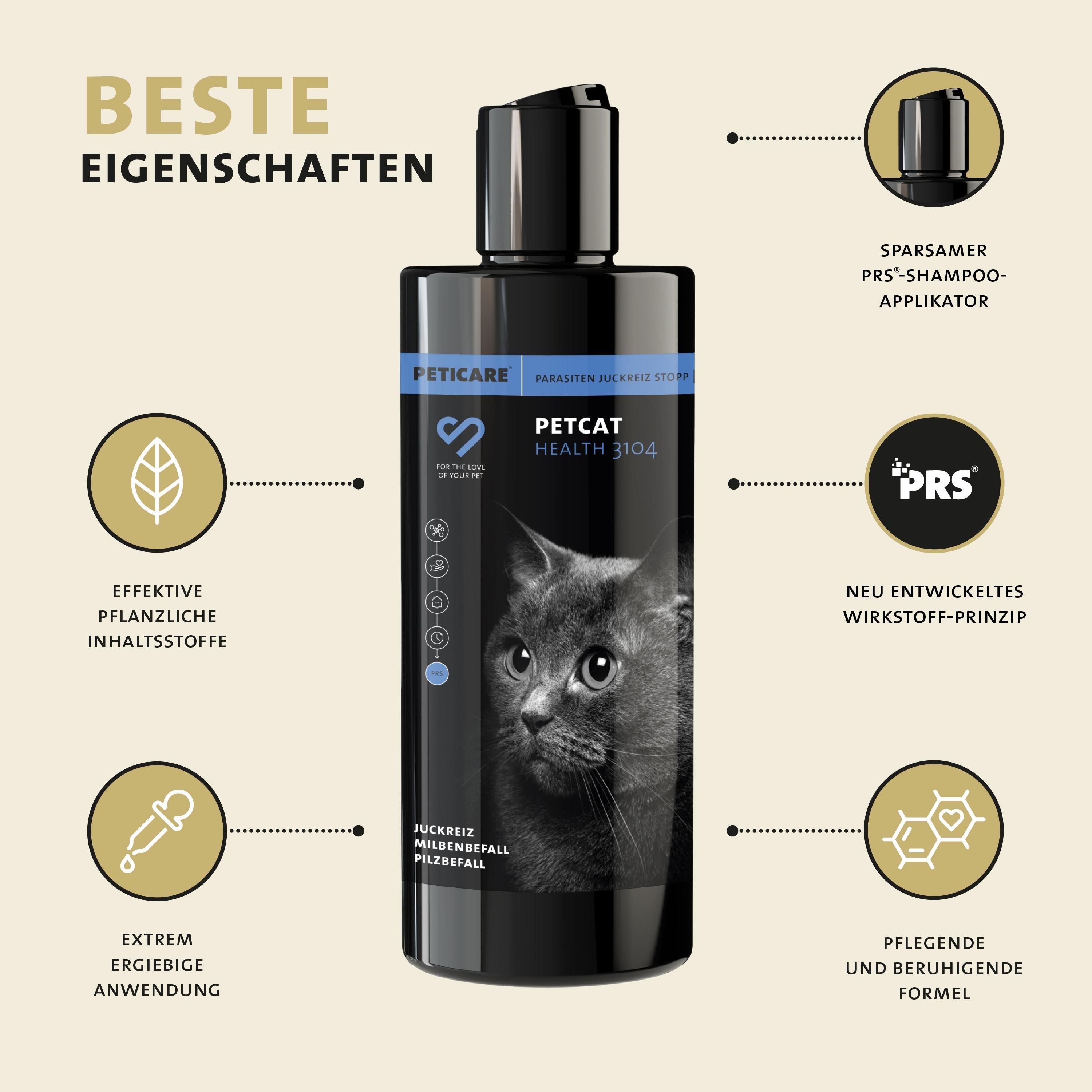 Peticare Anti-Parasiten Katzen-Shampoo gegen Milben Flöhe Pilz, lindert Juckreiz