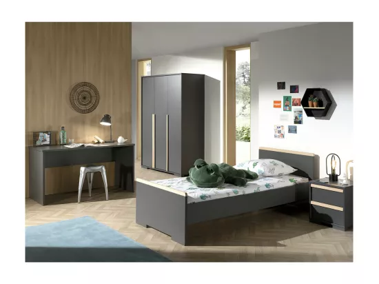 NASH DARK - Lit 90x200cm + Chevet + Armoire 3P + Bureau