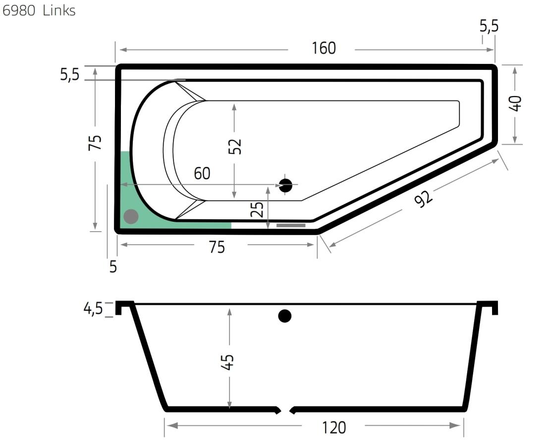 Xenz Lagoon Compact badkuip links 160x75x40cm cement