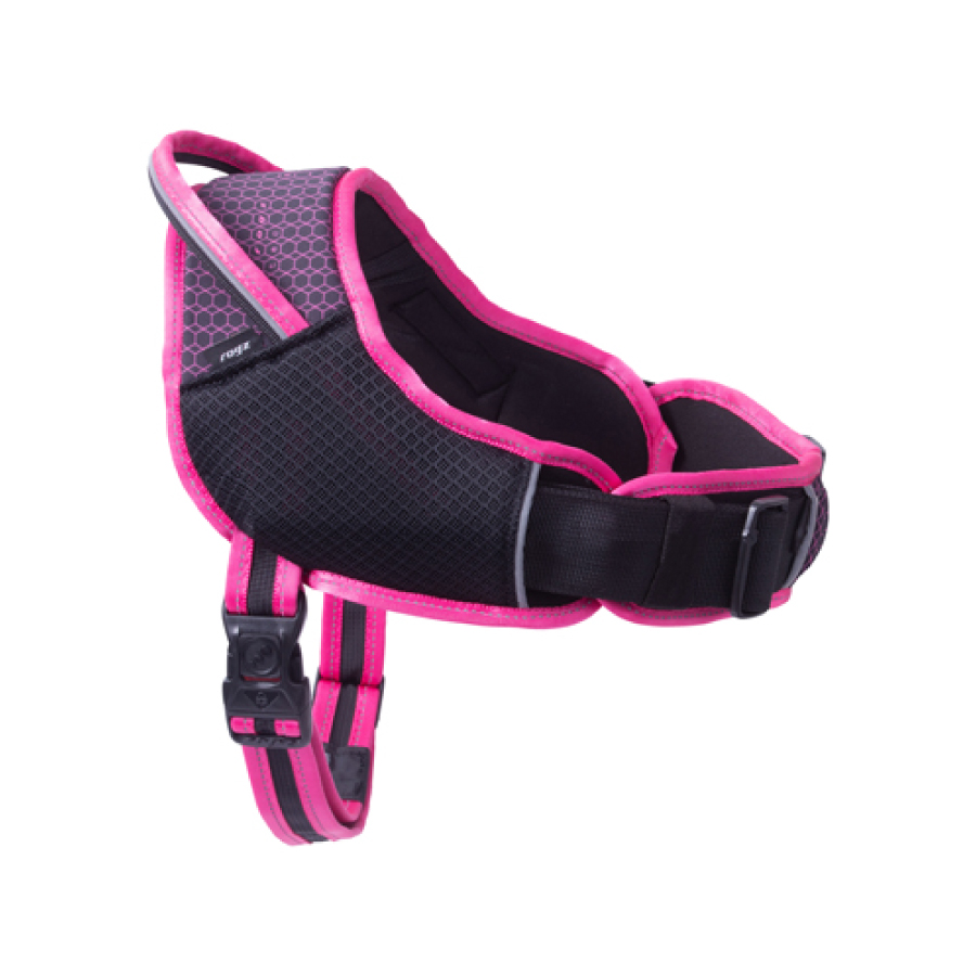 Coleira ergonômica Rogz Airtech para cães, preta e rosa.