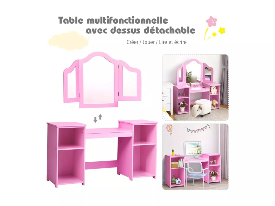 Coiffeuse pour Enfants 2 en 1 avec Miroir Amovible, Bureau Enfant avec 4 Étagères de Style Princesse pour Filles, Rose