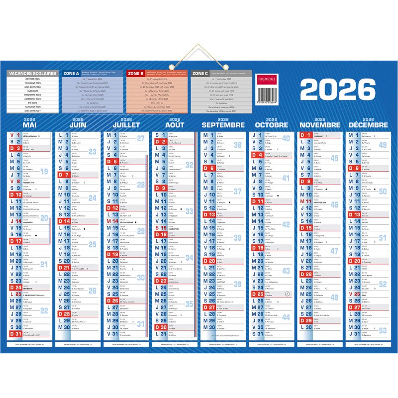 Calendrier semestriel mural année 2026/2027 - 16 mois - 40,5 x 55 cm