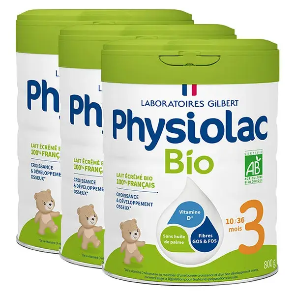 Leite de crescimento orgânico Physiolac 3ª etapa 800g x 3