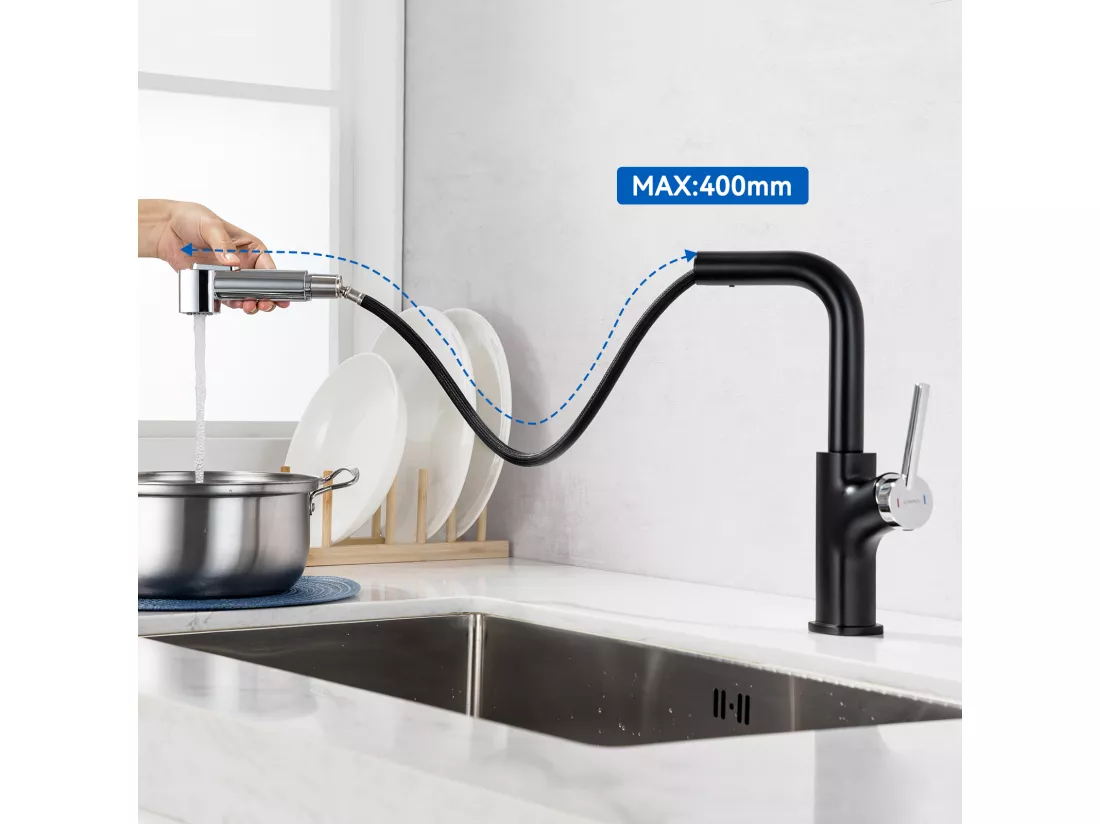 Lonheo Max Robinet de Cuisine Noir avec 40 CM Douchette Extractible Mitigeur Cuisine à 2 Jets Eau Froide/Chaude Mélangeur de Evier Cuisine,EU Modèle