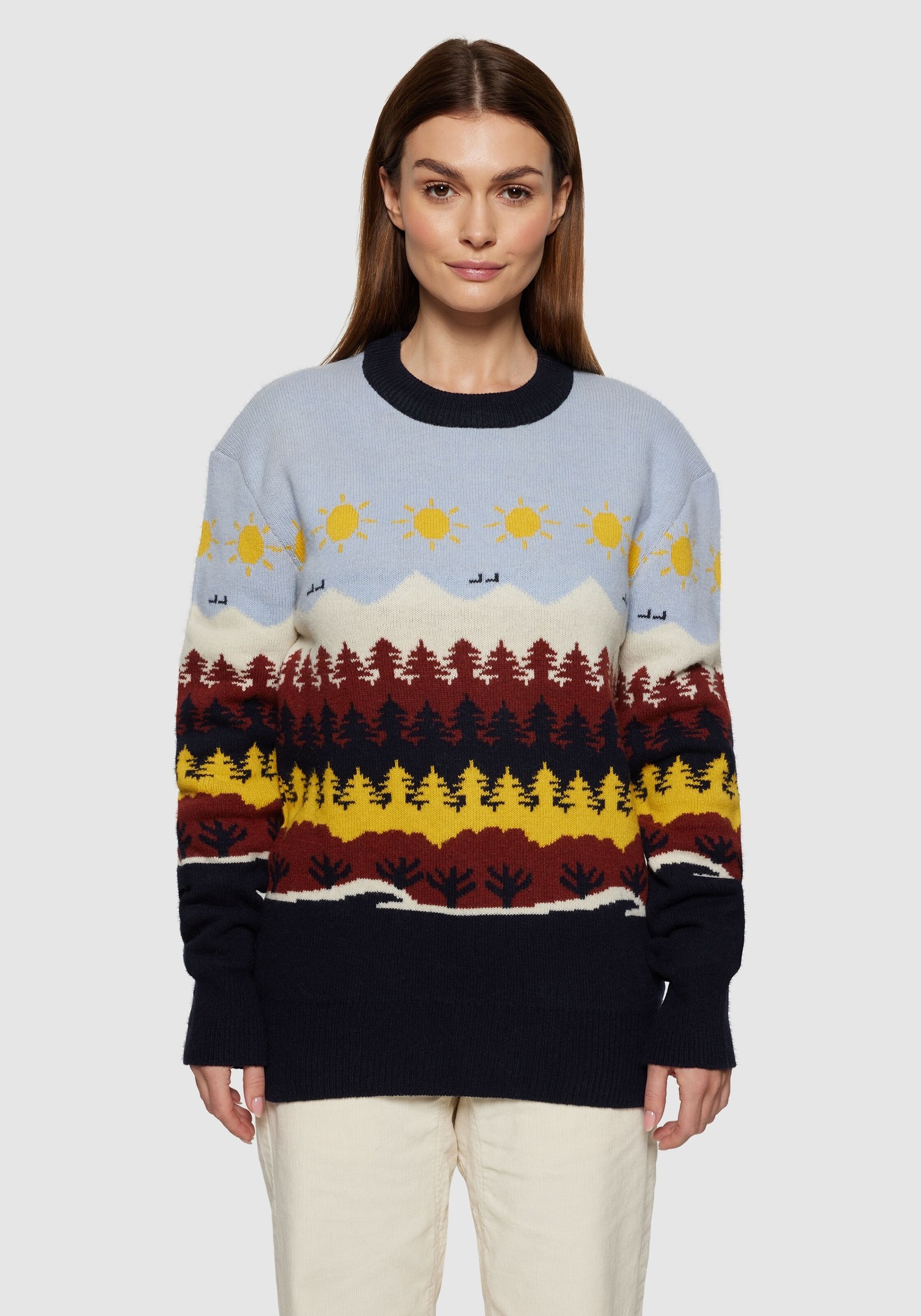Knowledge Cotton Apparel Strickpullover Faroe Island Crew Neck Multi Color AOP