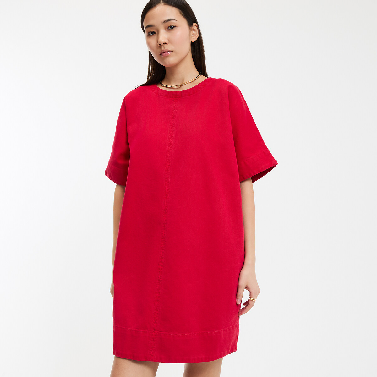 COLEÇÕES LA REDOUTE<br>Vestido evasê, jeans, mangas curtas