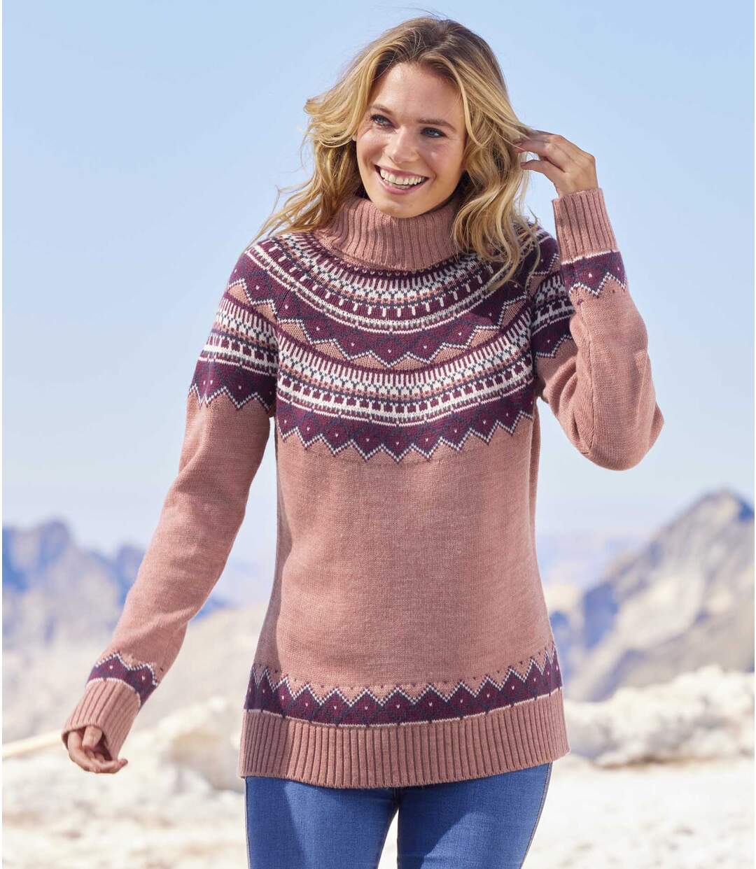 Pull Tricot à Col Roulé Motifs Jacquard
