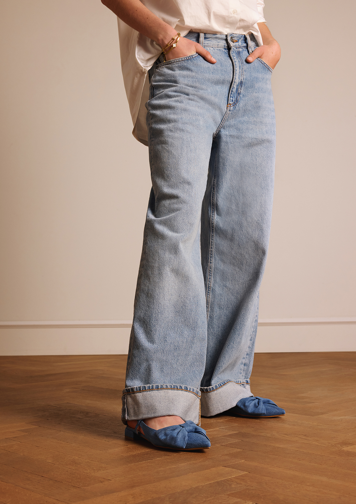 Denim slingbacks met strik