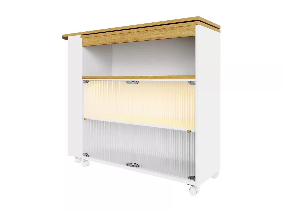 Buffet、Meuble de bar pivotant et escamotable avec LED - compartiments et étagère à épices - Blanc