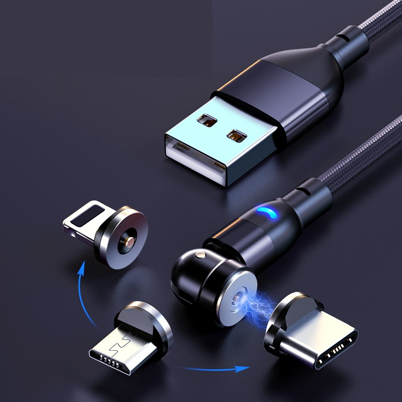 (1m) 3in1 Magnetisches 540 Grad Drehbares USB A auf USB C / Micro USB / Lightning Ladekabel Nylon Geflecht Datenkabel - Schwarz