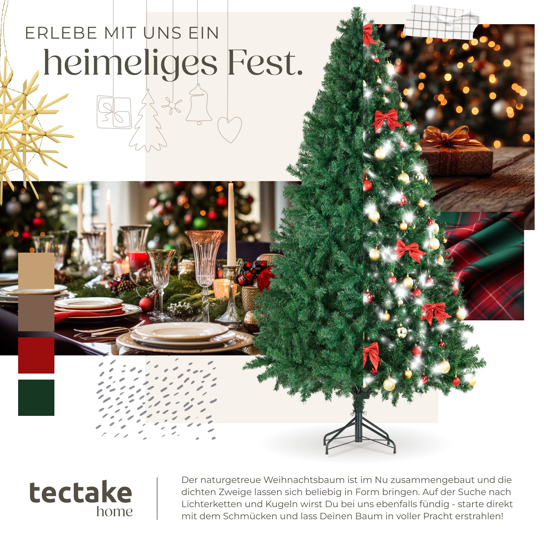 tectake® Weihnachtsbaum , künstlich in Grün, mit dichten Nadeln, formbar mit viel Volumen, pulverbeschichteter Metallständer mit Kunststoffkappen