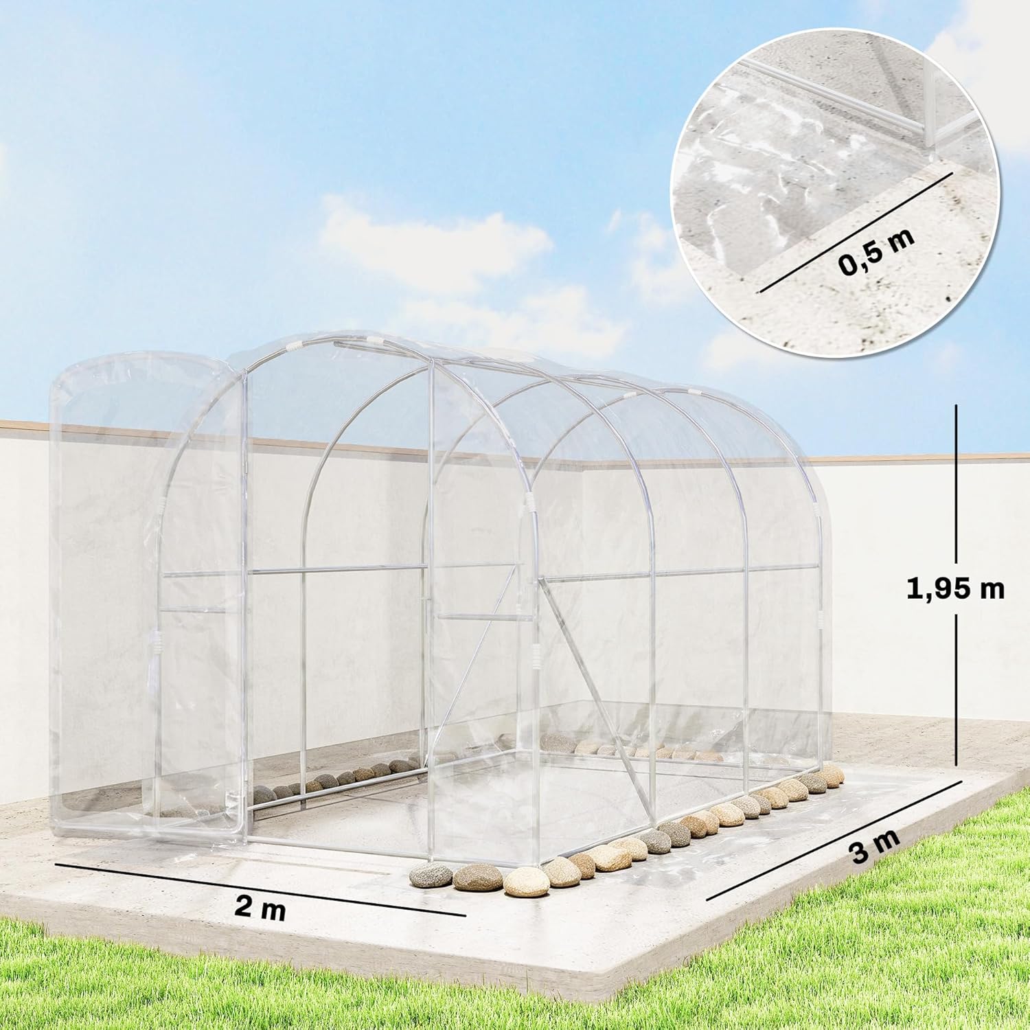Outsunny Tunnel-Gewächshaus 3 x 2 x 2 m 6 m² mit Scharniertür PE-Plane 150 g/m² für Gemüse Pflanzen Blumen