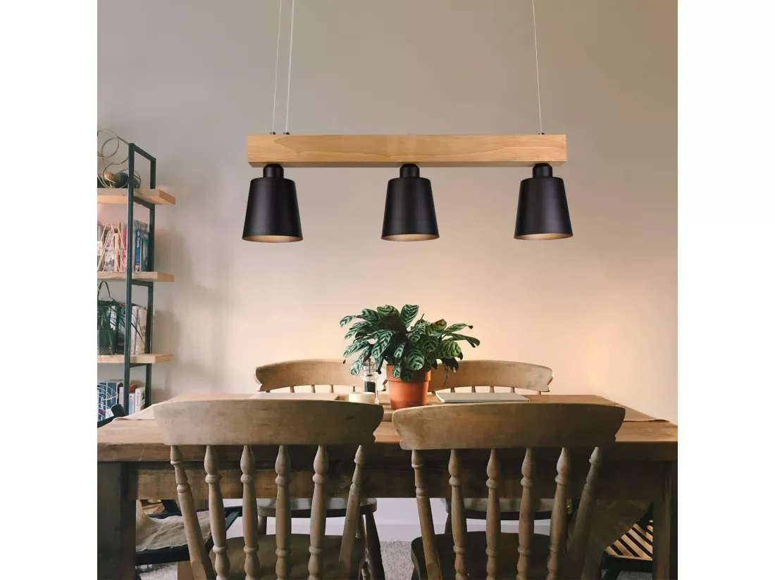 NETTLIFE Suspension bois noir E27 MAX.25W Diam.150cm 70x14x23CM table à manger 3 flammes vintage pour salle à manger bureau chambre cuisine bohème
