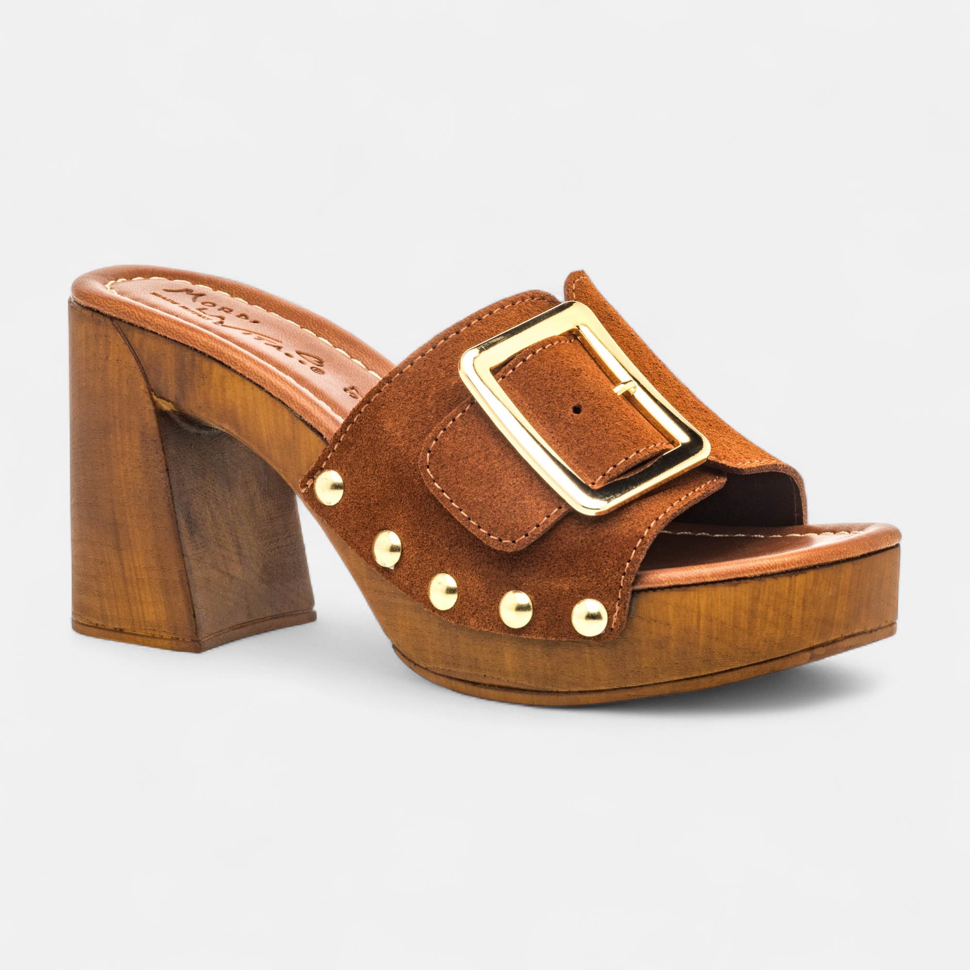 Chaussures semelle bois à talon Femme en cuir cognac