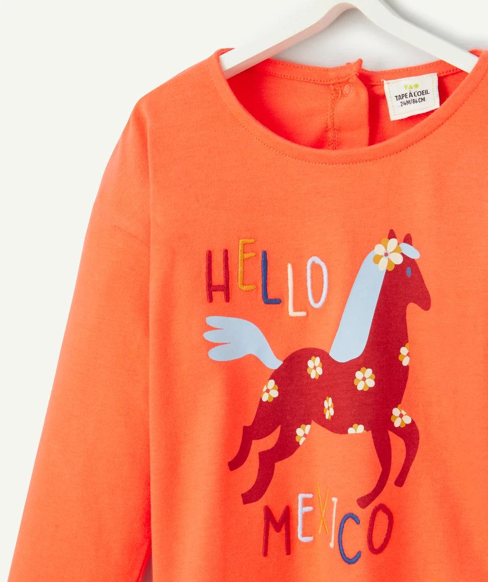 T-SHIRT BÉBÉ FILLE EN COTON BIO CORAIL AVEC MESSAGE ET CHEVAL