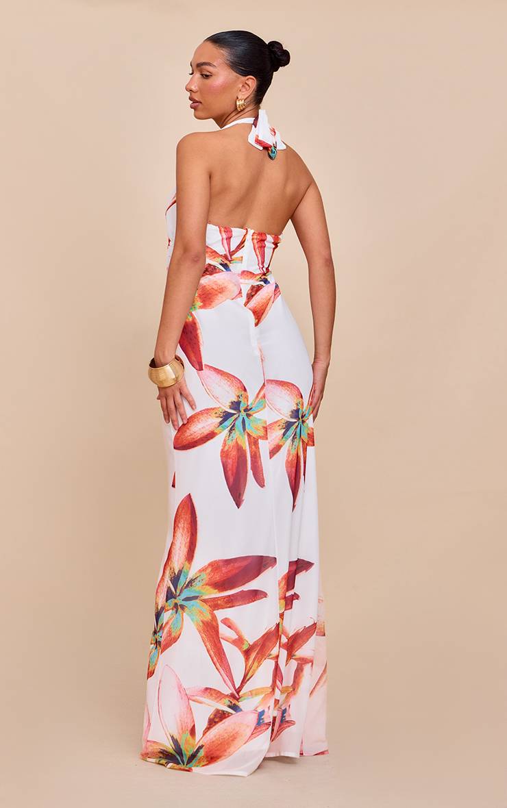 Crème Robe Longue Imprimée À Décolleté Plongeant Avec Détail Noué