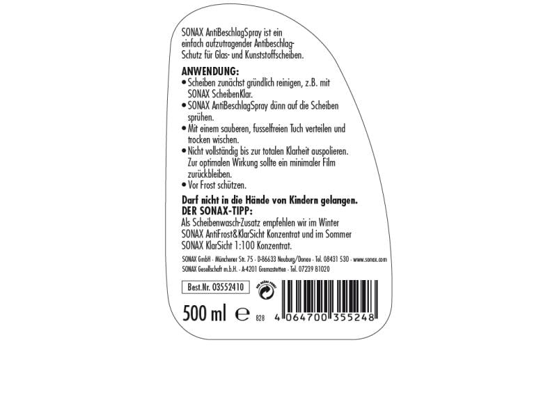 Sonax Antibeschlag Spray 0.5 l Verhindert zuverlässig das Beschlagen von Autoscheiben und Motorradhelm-Visieren