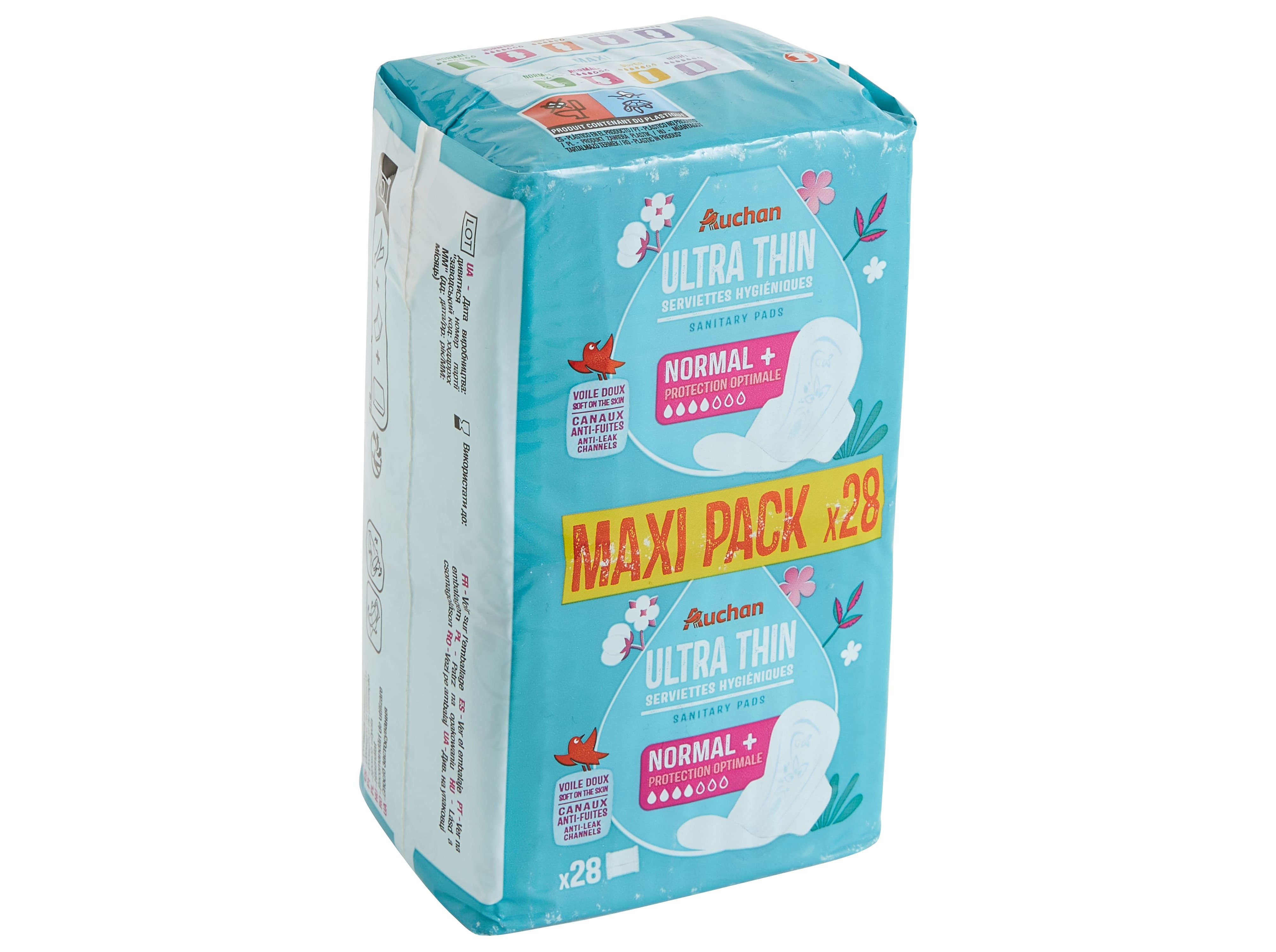 PENSOS HIGIÉNICOS AUCHAN ULTRA FINOS NORMAL COM ABAS BOLSA MAXI PACK 28UN