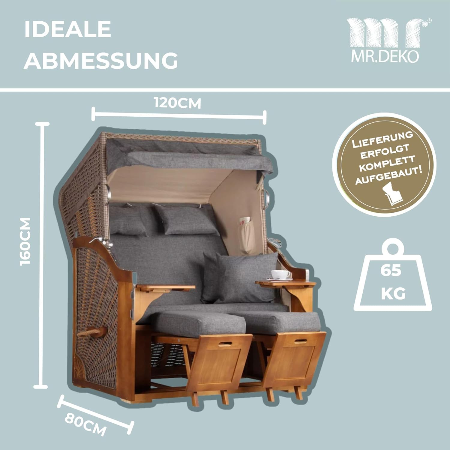 Strandkorb Schleswig Pinie Braun PE Mokka Dessin 560 | 2 Sitzer wetterfest | Ostseefeeling Garten Balkon | Roofed Wicker Beach Chair | Strandkörbe Volllieger Pinienholz | Fertig montiert