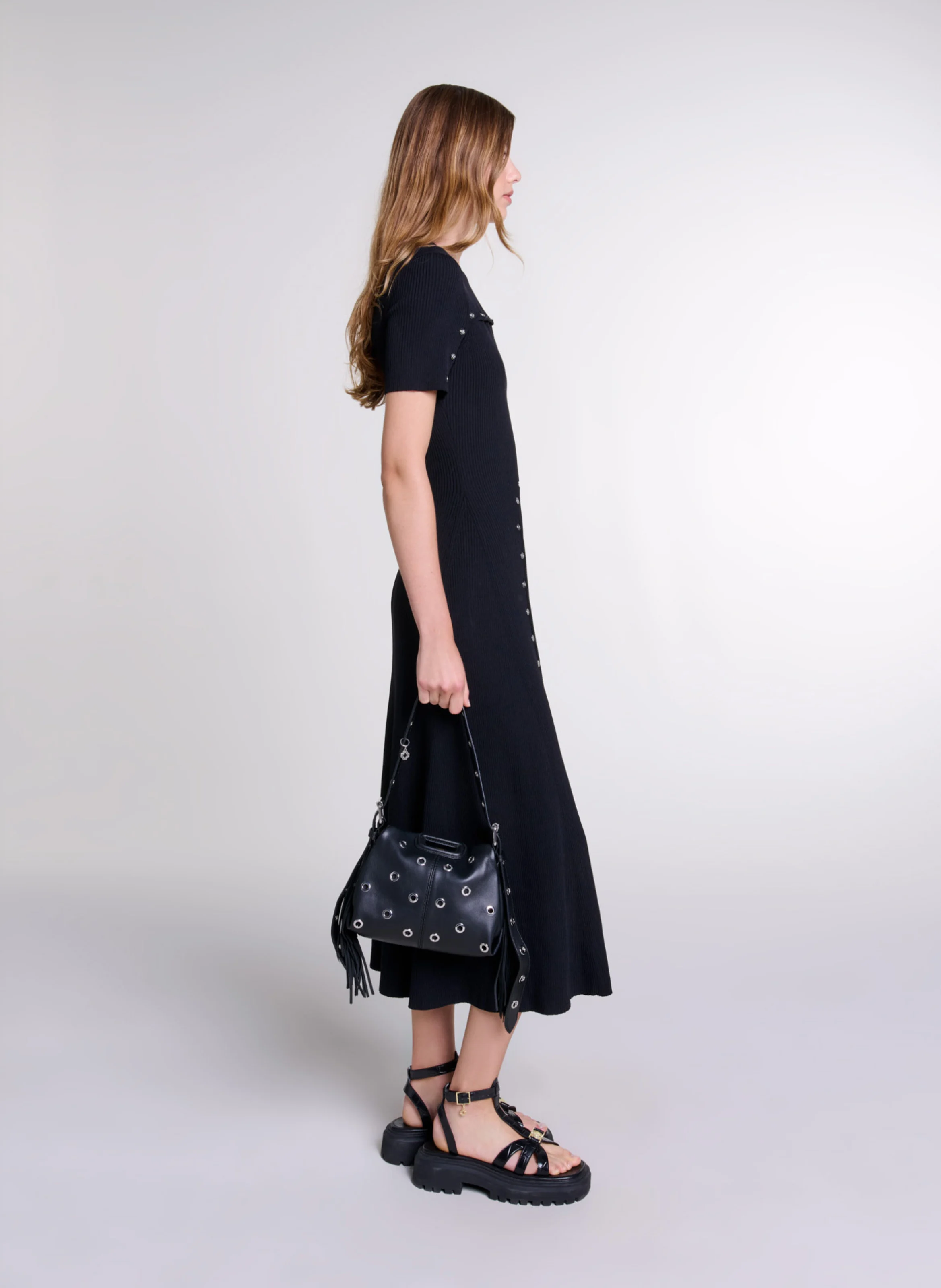 Robe longue col rond en maille | Noir