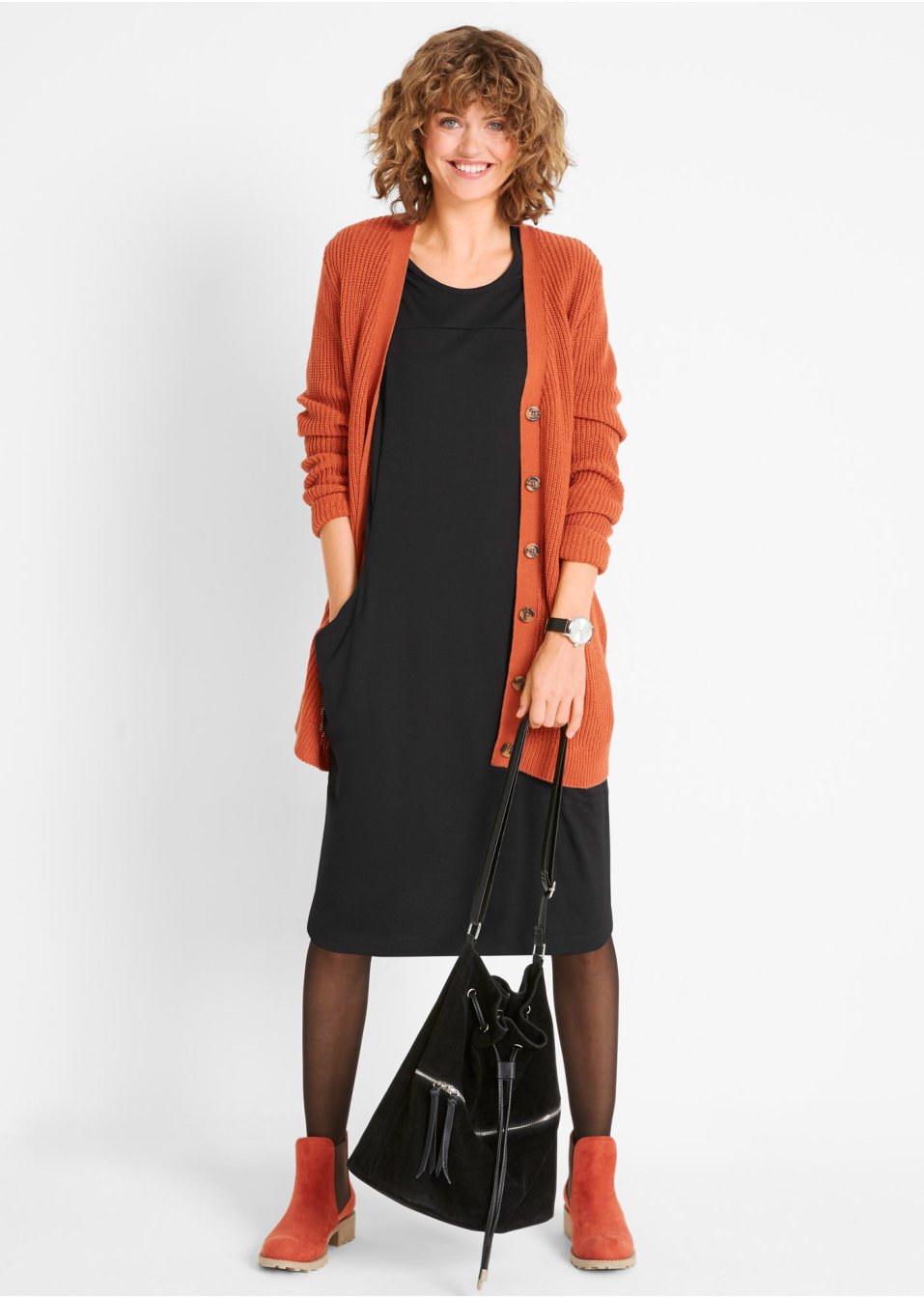 Robe ballon longueur genou en Punto di Roma avec poches, manches 3/4