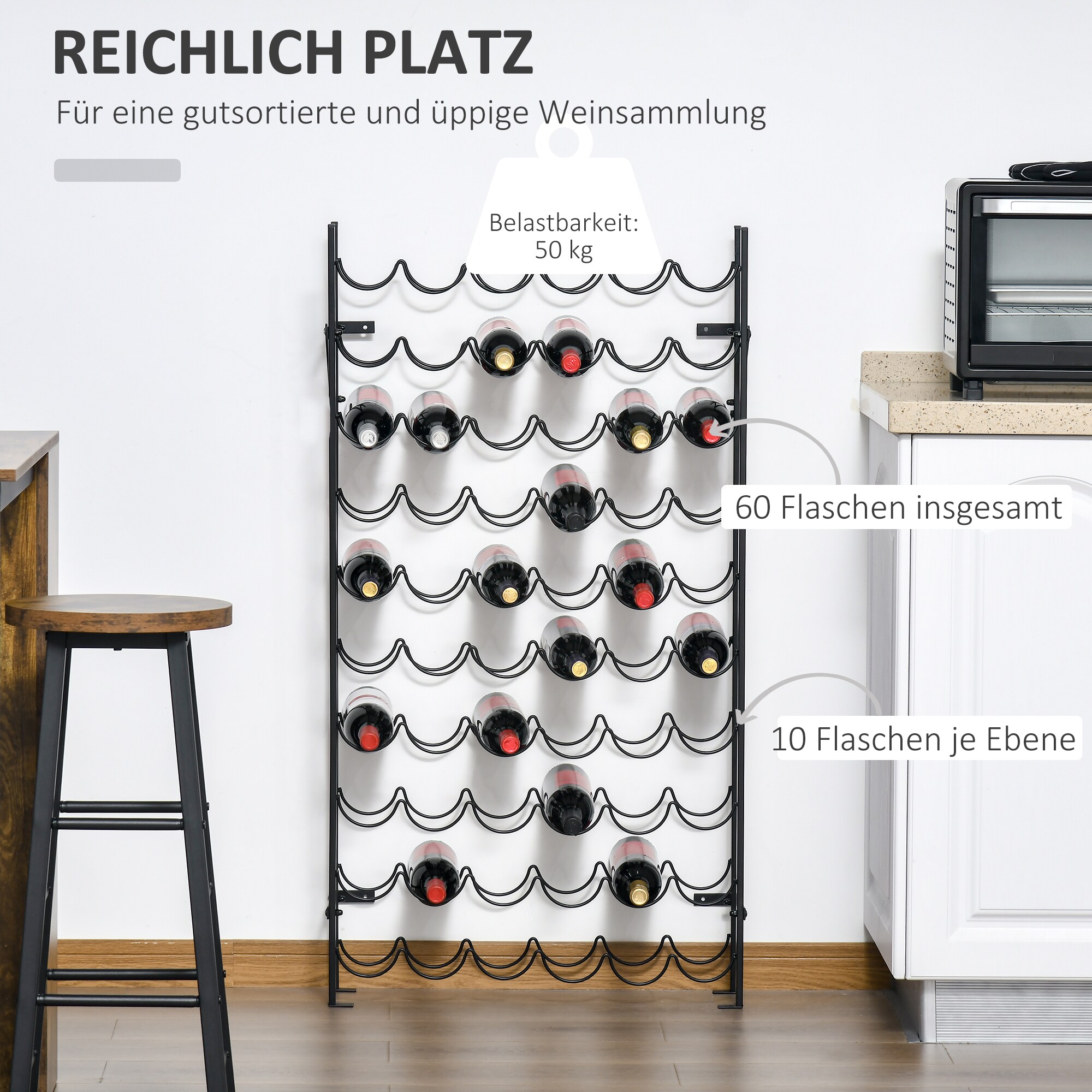 HOMCOM Weinregal mit 10 Fächerebenen schwarz 63 x 20,5 x 118 cm (LxBxH)