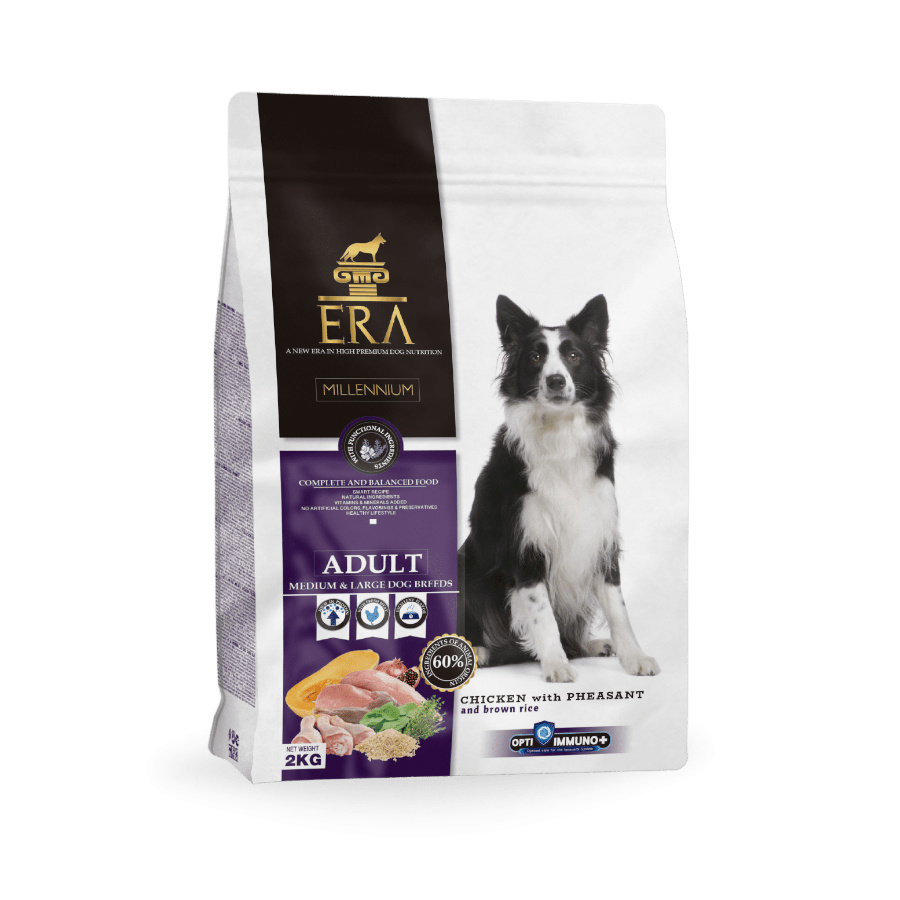 Ração Era Adult para cães de porte médio e grande, sabor frango e faisão.